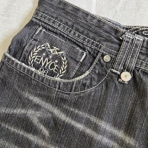 Vintage Enyce Distressed Black Men's Wide Leg Jeans Embroidered Logo Button Zip